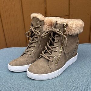 Tan Suede Fur-Lined Wedge Sneakers
